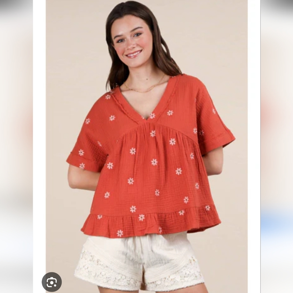 Very J ( Newim / Newin V Neck Terracotta Rust Floral Babydoll 100% Cotton Flowy